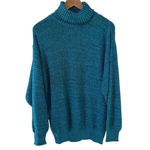 Vintage 80s 90s Womens Turtleneck Sweater Size Large Blue Pullover USA Comfort